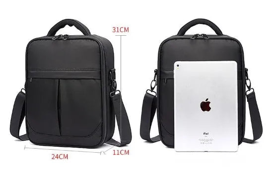 Black men's messenger bag made from Oxford fabric, showing front view with shoulder strap.
