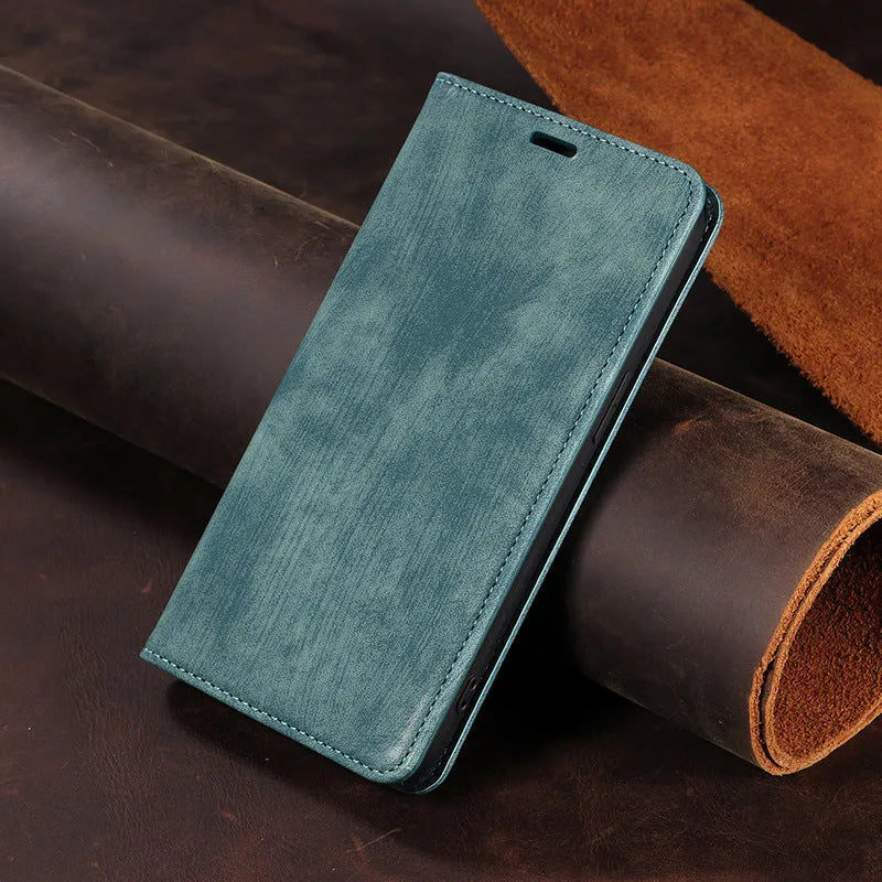 Magnetic flip phone case for iPhone in various colours showing leather and TPU construction