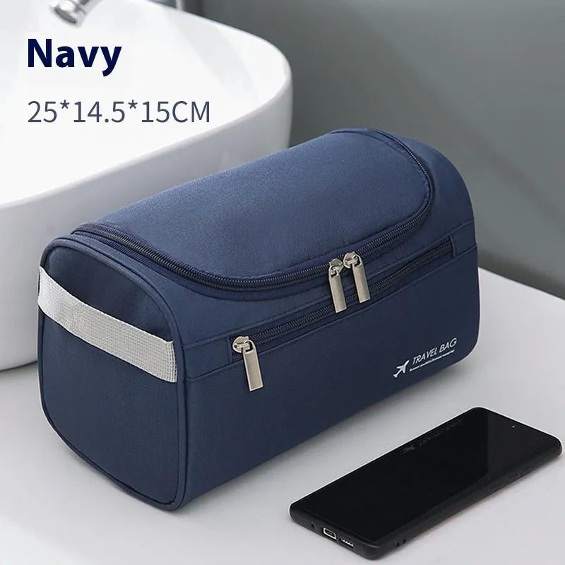 Large capacity waterproof cosmetic bag in retro style with skincare and makeup items inside