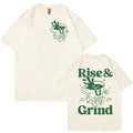 Loose fit black linen t-shirt with green Rise And Grind coffee cartoon print on chest.