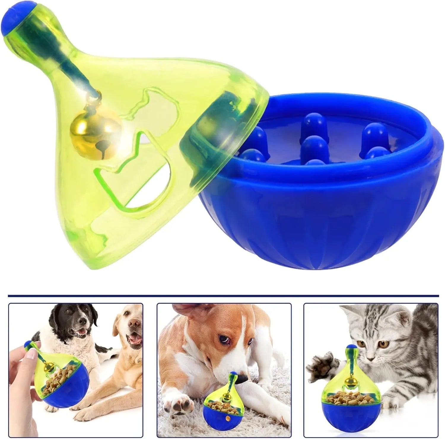 Tumbler-shaped pet treat dispenser ball for dogs and cats with dimensions 14x10x10cm