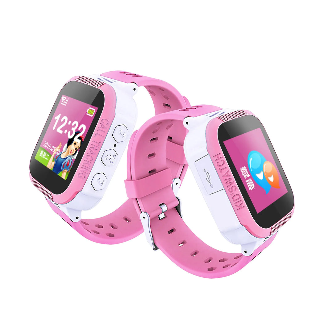 Blue children's phone watch with 1.44-inch IPS screen showing dual language interface