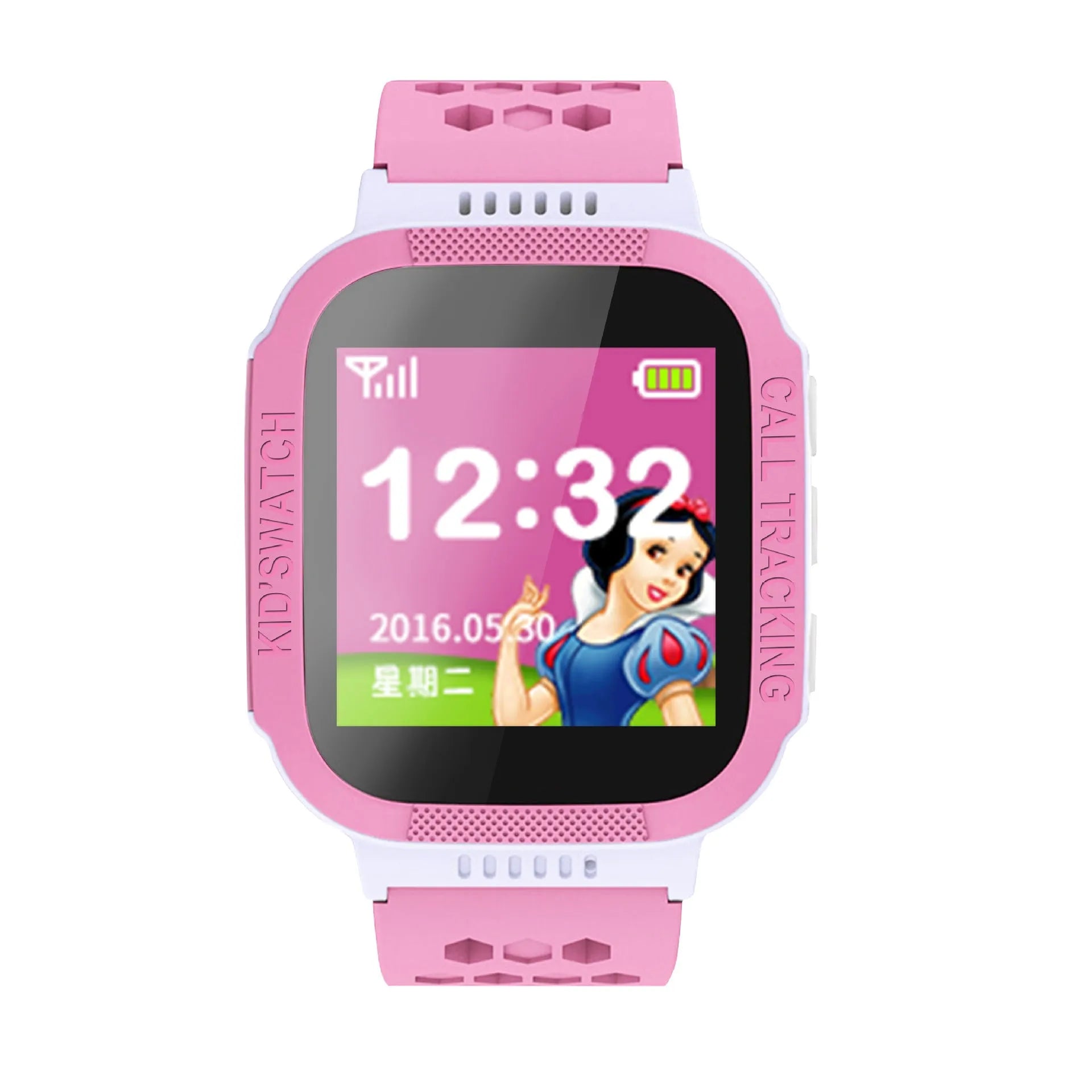 Blue children's phone watch with 1.44-inch IPS screen showing dual language interface