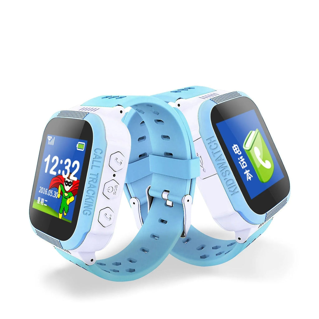 Blue children's phone watch with 1.44-inch IPS screen showing dual language interface