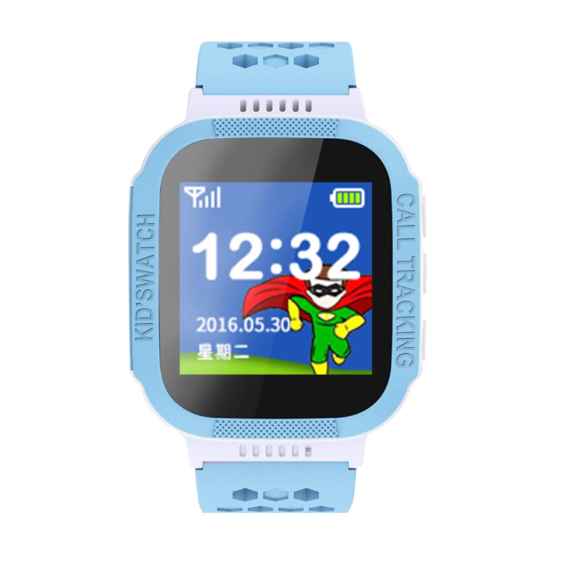 Blue children's phone watch with 1.44-inch IPS screen showing dual language interface