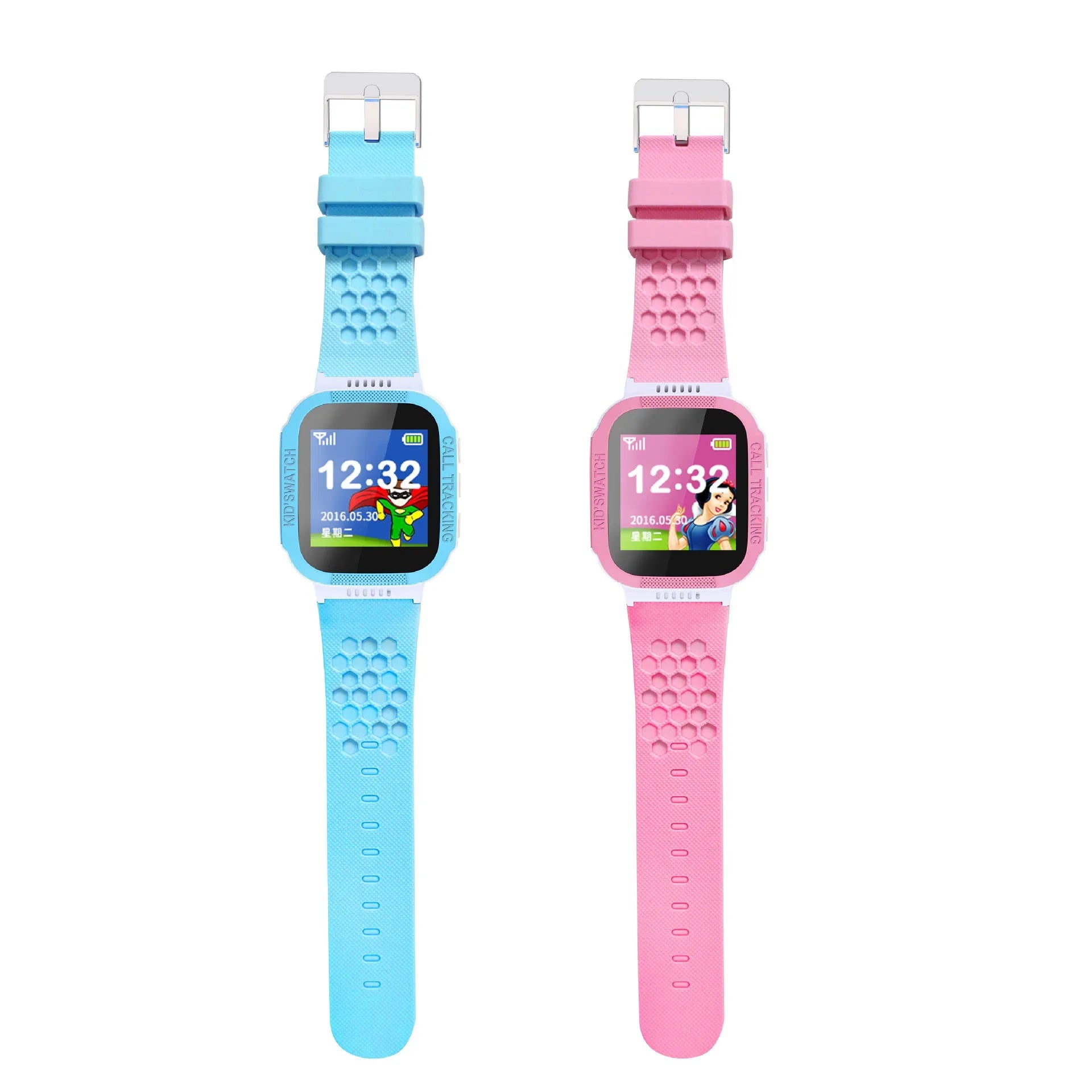 Blue children's phone watch with 1.44-inch IPS screen showing dual language interface