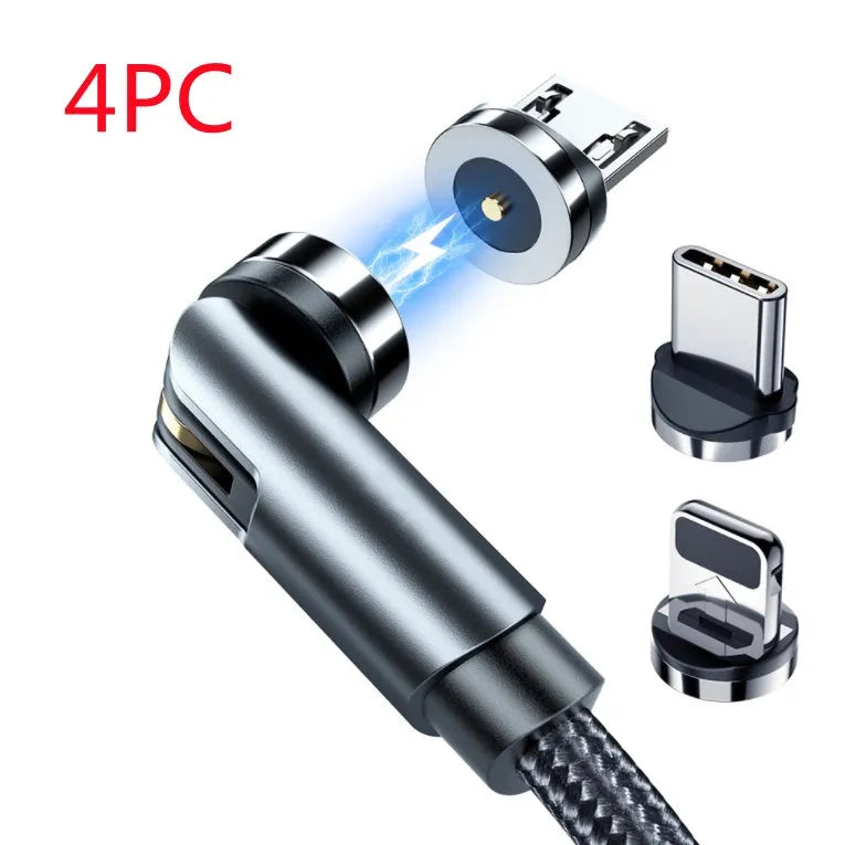 Essager black magnetic USB charging cable showing 360-degree rotating connector and blue LED light.