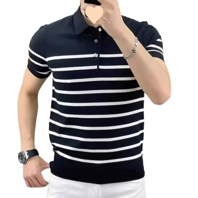 Black and white striped lapel knitted long sleeve T-shirt, crew neck pullover style.