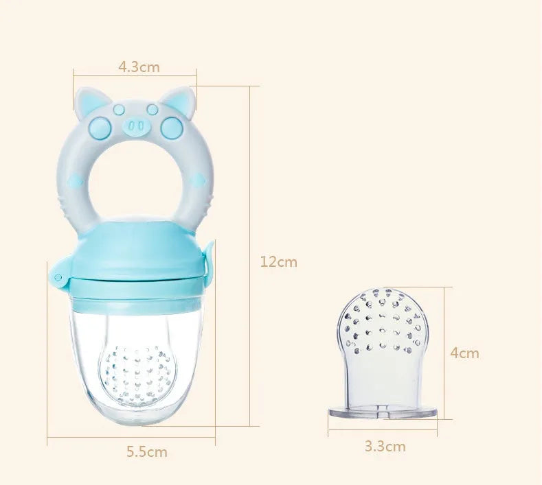 Soft silicone baby teether in blue, green, and pink colours with one or three mouthpiece options.