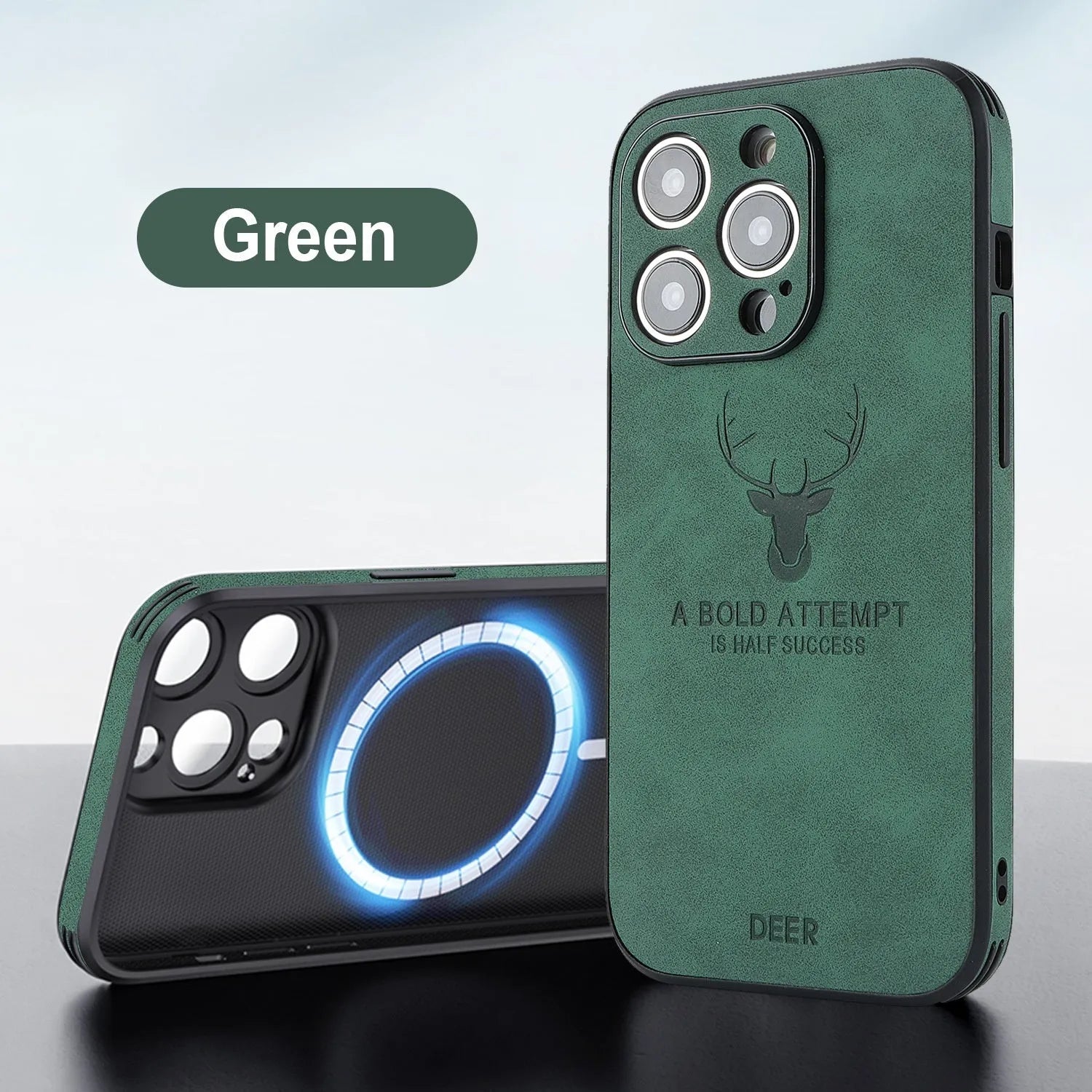 iPhone 16 series imitation leather phone case with embossed moose head design, shown in multiple colour options
