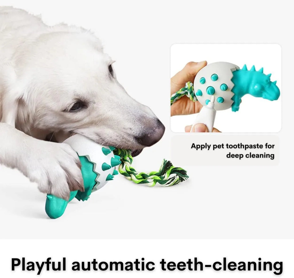 Blue durable rubber dog chew toy with dino design, rope, and textured surface for aggressive chewers.