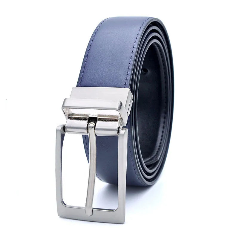 Men's brown black genuine leather belt with rotating alloy pin buckle showing length options