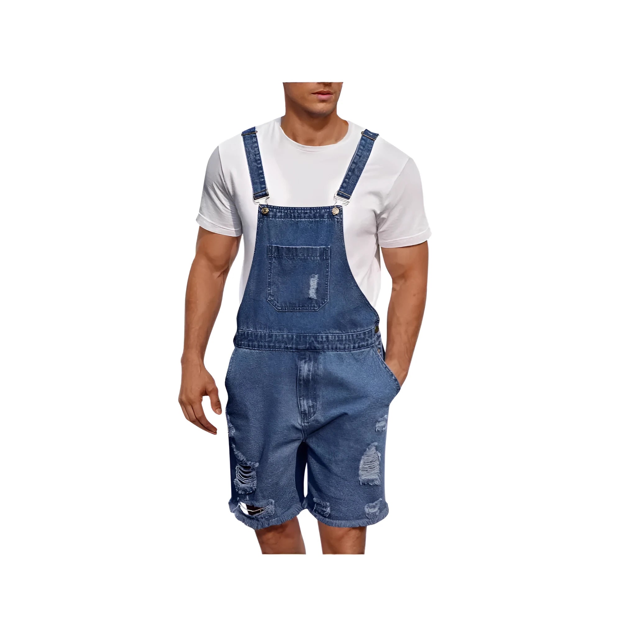 Men's ripped blue denim shorts with attached suspenders on a mid-waist, straight-leg cut.