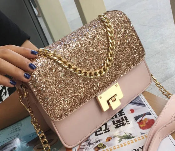 Women's small square sequined PU tote bag with lock closure and adjustable shoulder strap in pink, wathet, and black