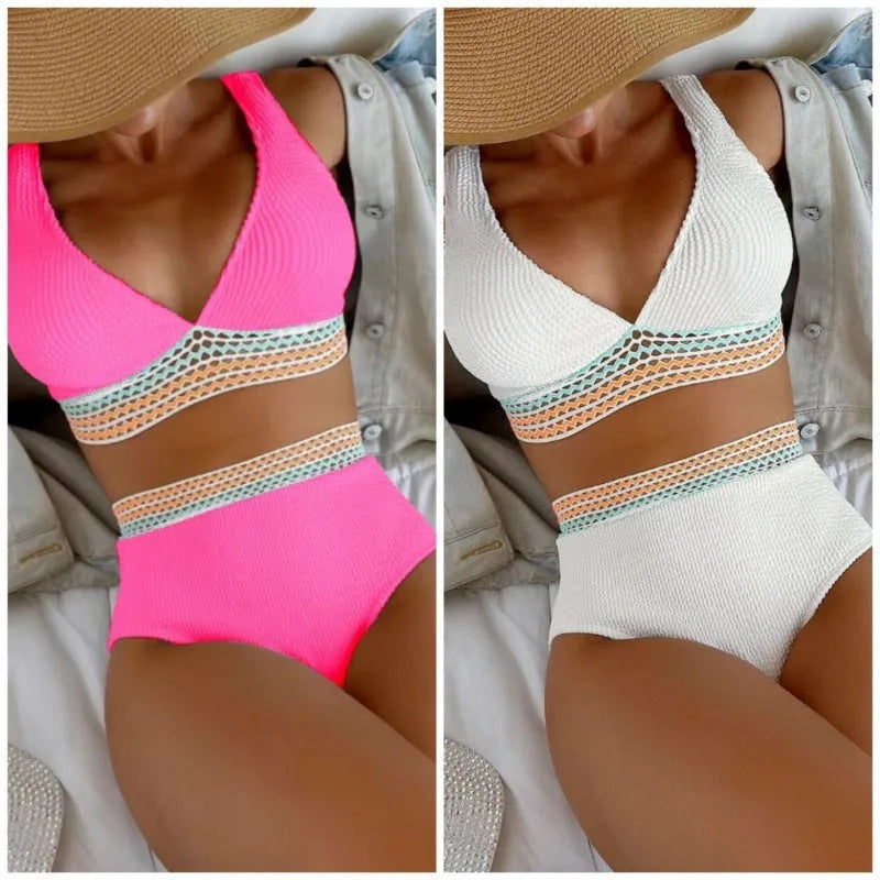 Women's high waist split bikini in solid colour with nylon fabric showing front and back views