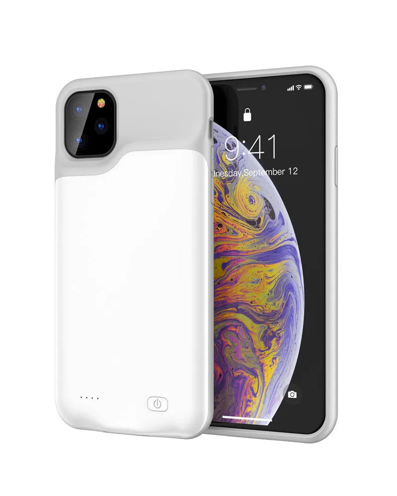Shockproof silicone iPhone battery charger case shown in available colours: black, blue, pink, and white.
