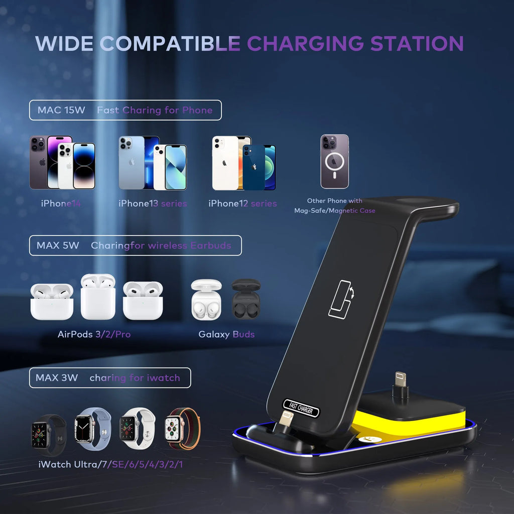 Black vertical wireless charger showing phone charging upright with 15W fast charging capability