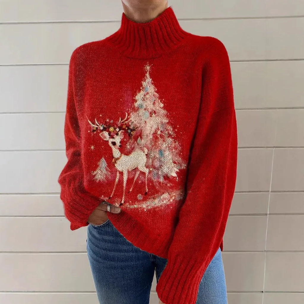 Women's loose fit red Christmas print turtleneck sweater with long sleeves.
