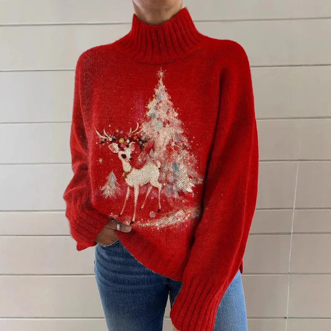 Women's loose fit red Christmas print turtleneck sweater with long sleeves.