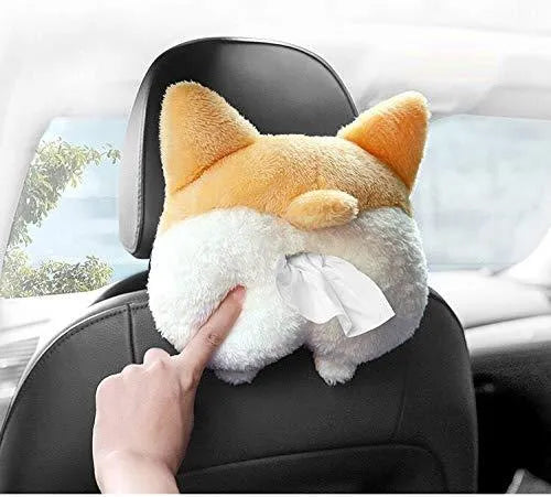 Yellow corgi butt shaped tissue box cover with elastic backing for car sun visor attachment