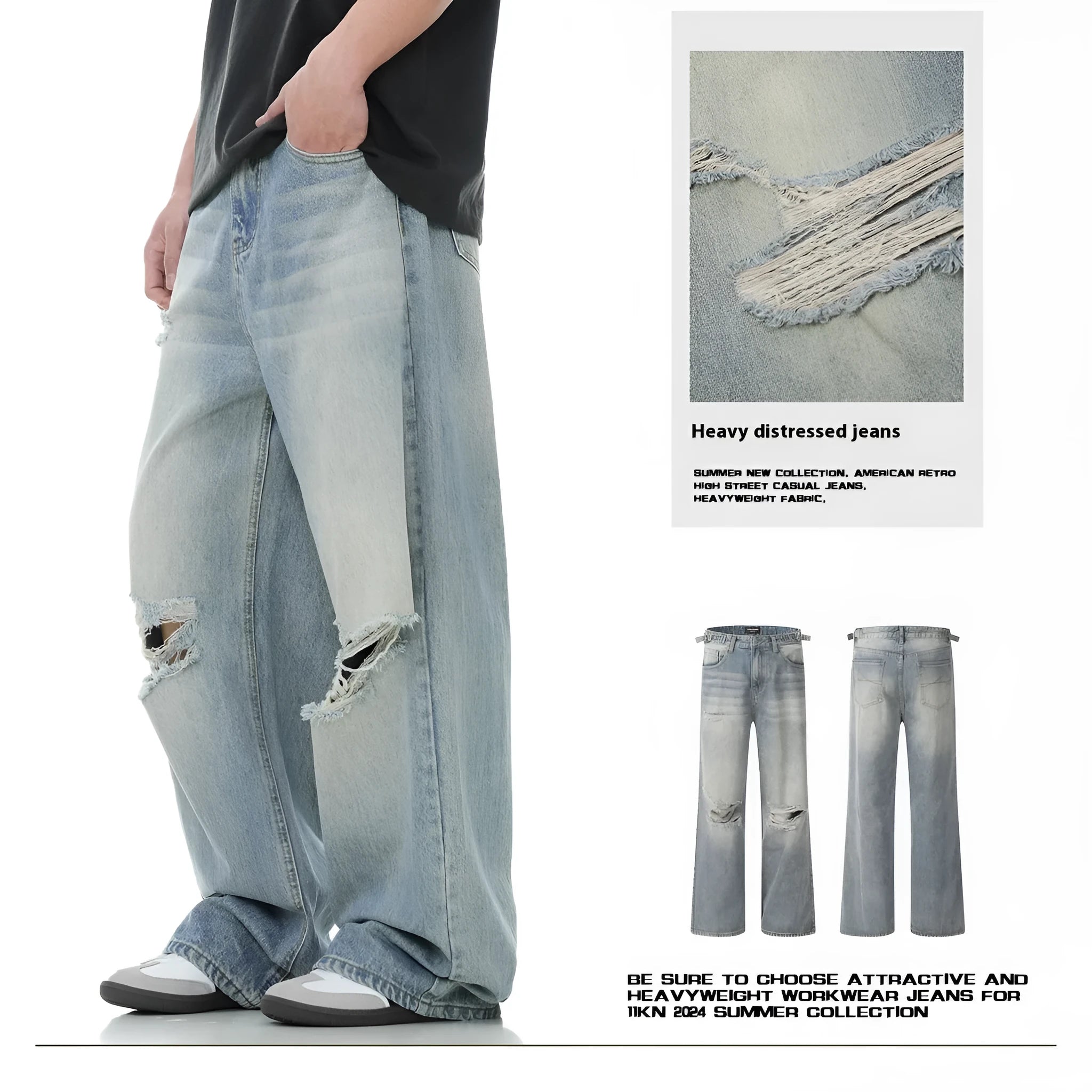 Men's blue straight-leg jeans with ripped detailing on the legs and a zipper fly closure.