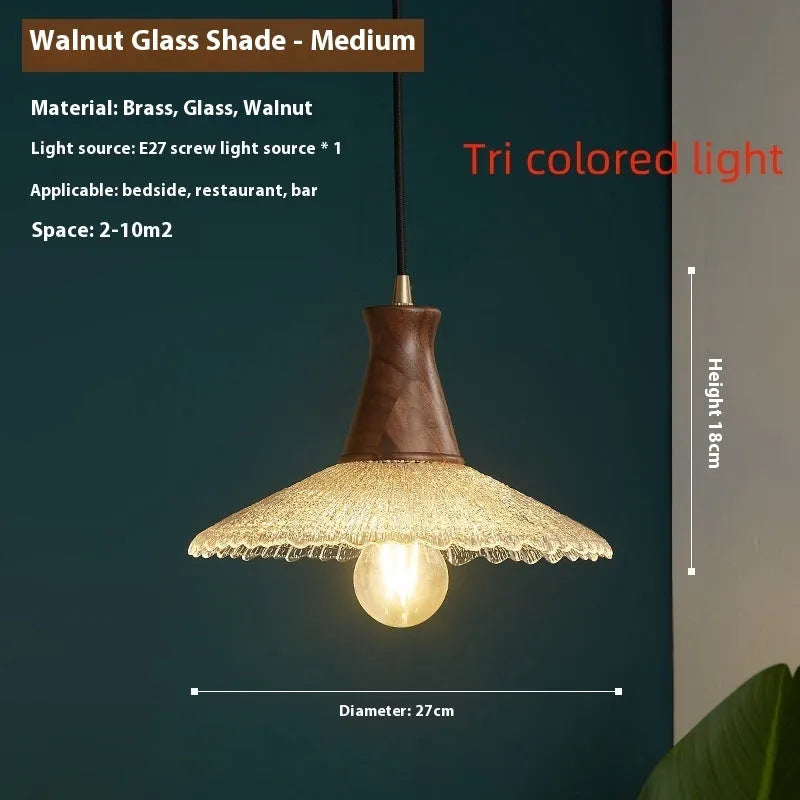Retro brass and wood ceiling chandelier with a glass lampshade, shown in small, medium, and large sizes.