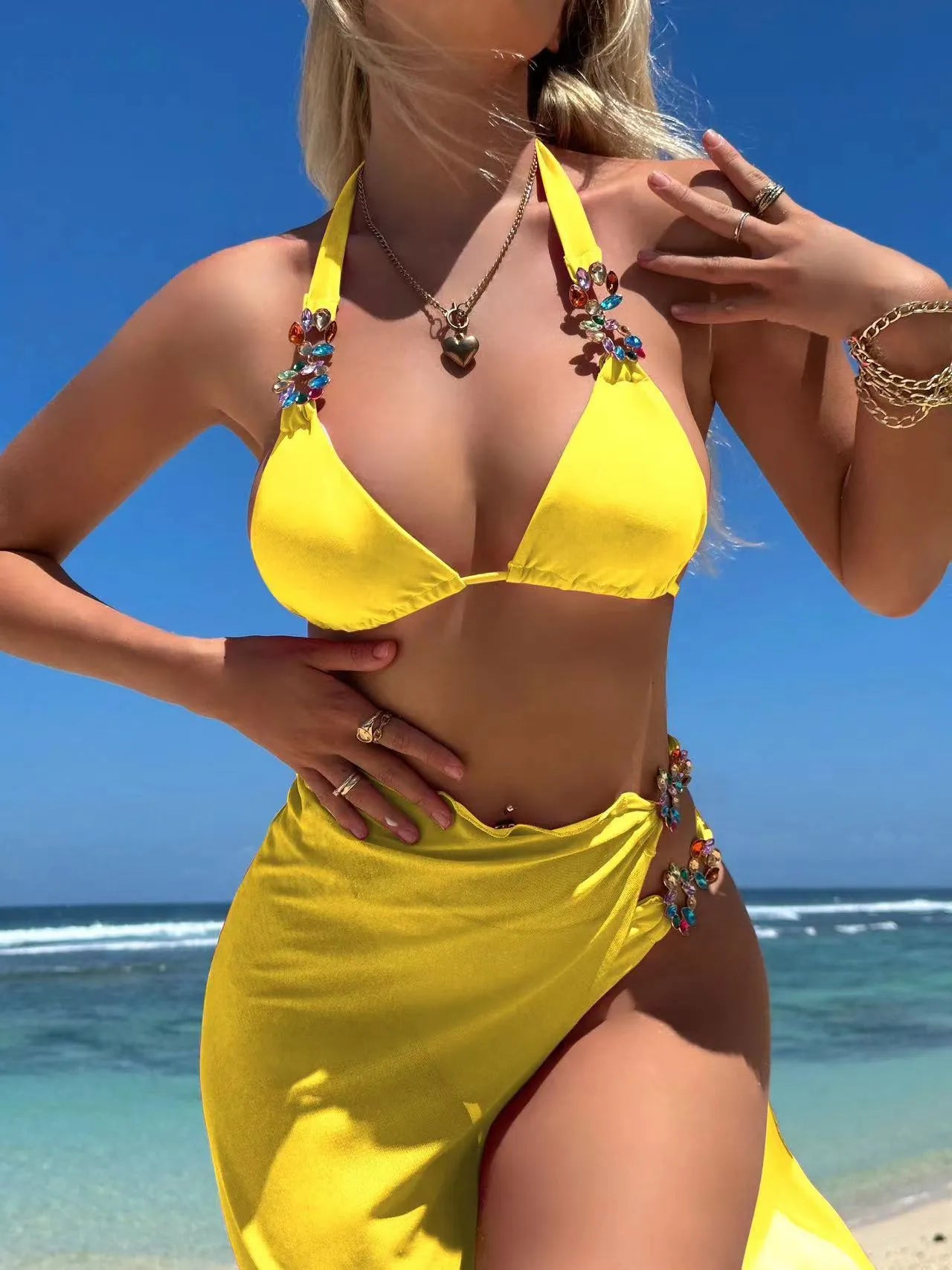 Three piece swimsuit bikini set with mesh skirt in rose red or yellow colour