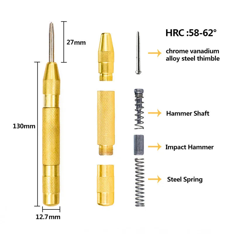 Step drill bit set with centre punch showing cone-shaped bits and colour-coded handles