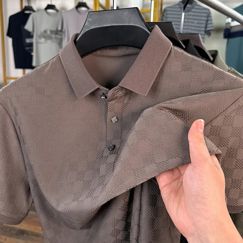 Men's black thin ice silk T-shirt with a rhombus pattern and slit detail on the front.