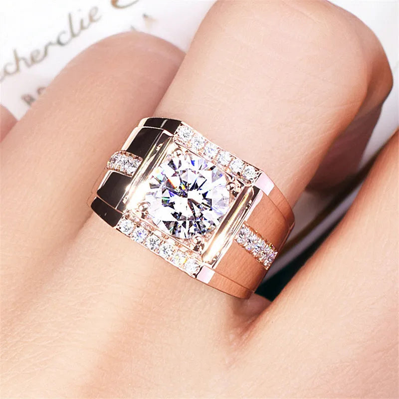 Men's geometric diamond zircon ring with adjustable opening in electroplated rose gold finish