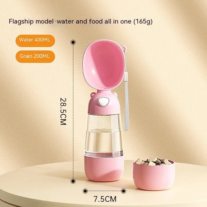 Portable dog water bottle and food container in yellow, pink, and brown colour options.