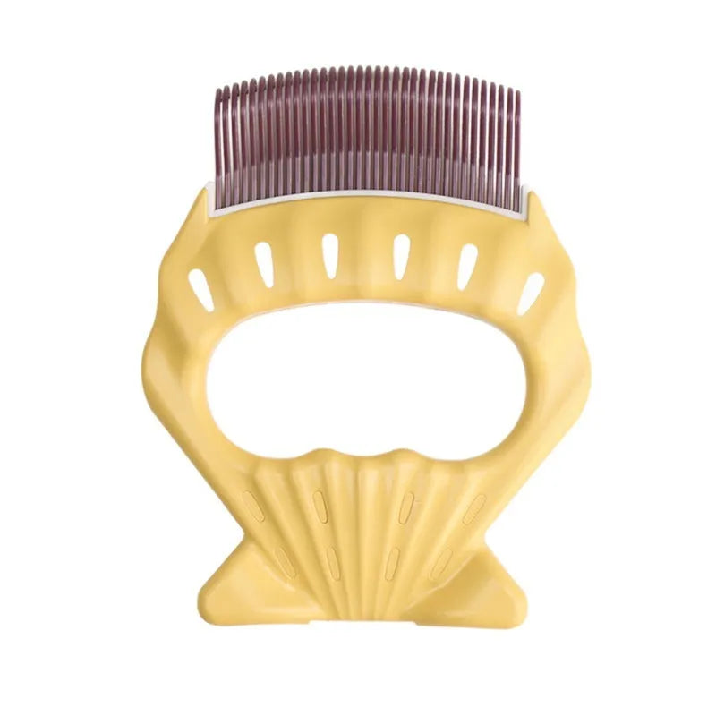 Shell-shaped plastic pet grooming brush with bent wire bristles, anti-slip handle in green colour