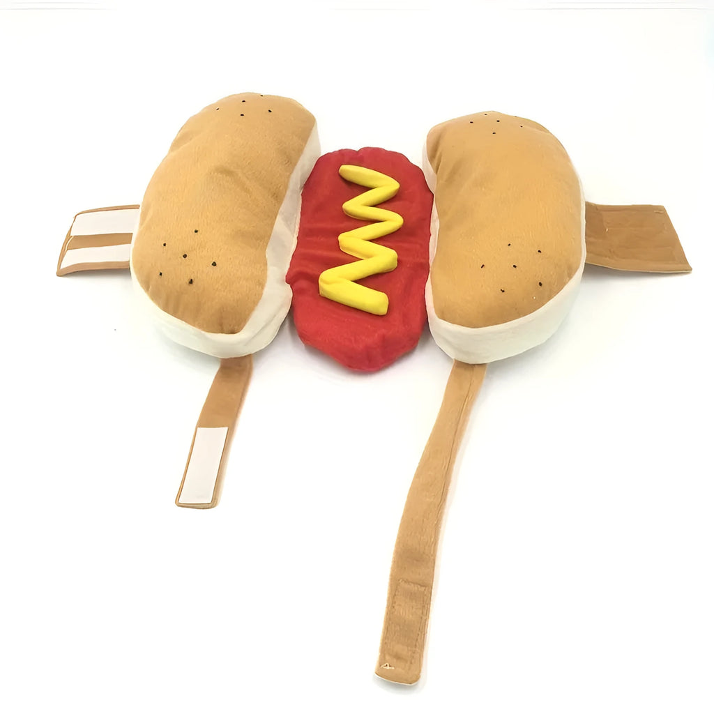 Hot dog costume for small to medium dogs and cats in stuffed design with three size options
