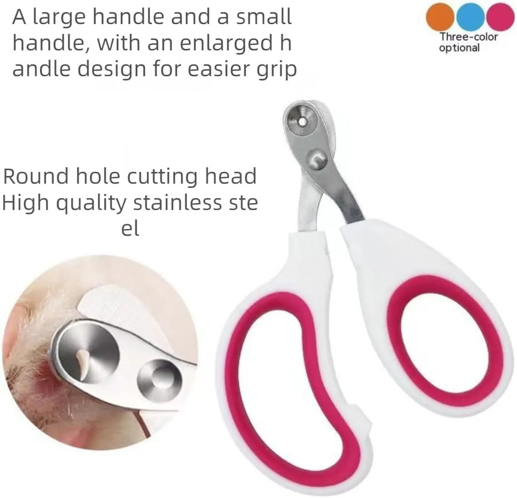 Blue pet nail clippers with circular cut hole and non-slip grip handles on a white background