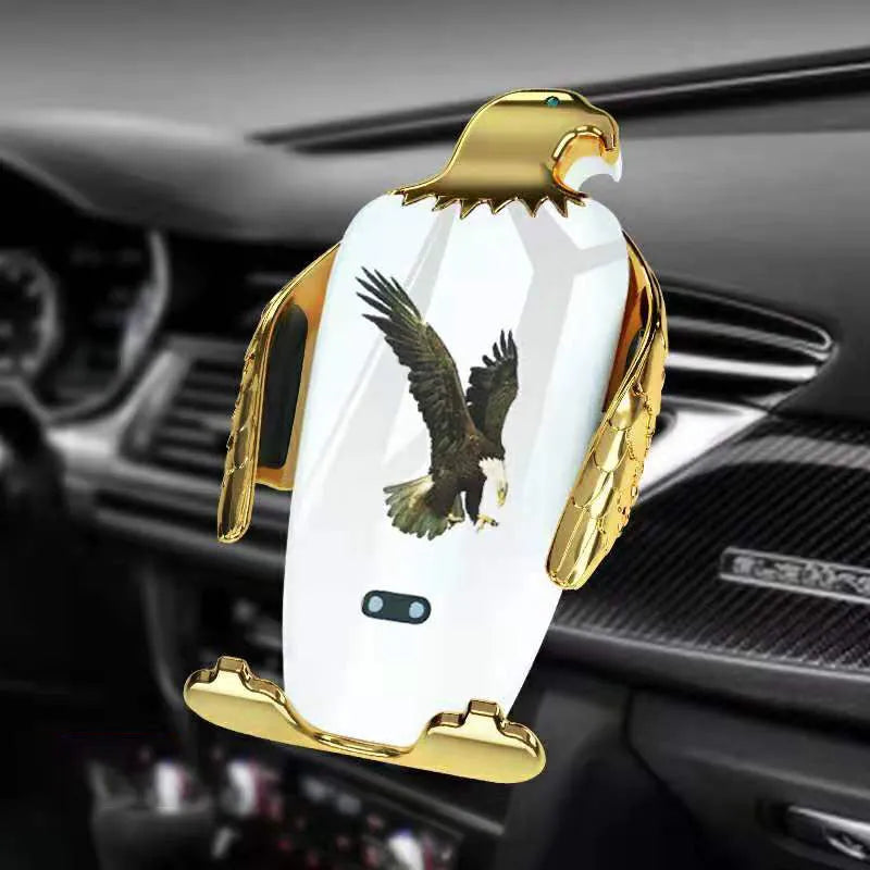 Black and gold wireless charging car phone holder with eagle design and suction cup.