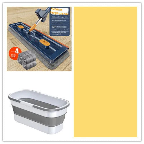 Large flat mop with long stainless steel handle and blue cleaning cloth on hard floor
