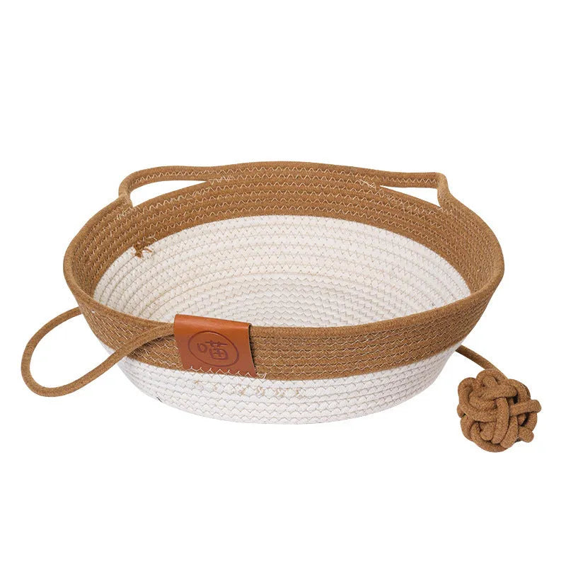 Woven cloth cat nest mat with cotton string stitching in grey colour showing textured surface