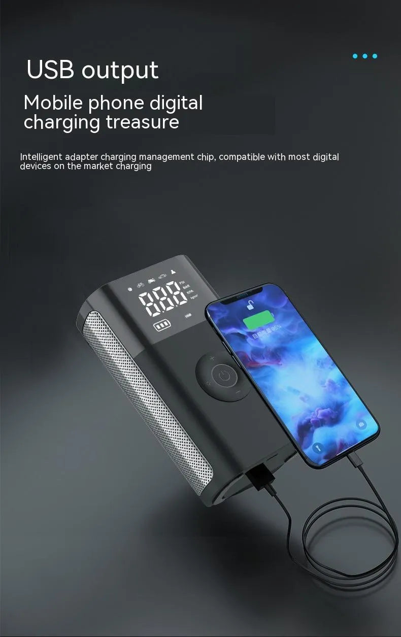 Black wireless digital tyre inflator pump with digital display and multiple nozzle attachments