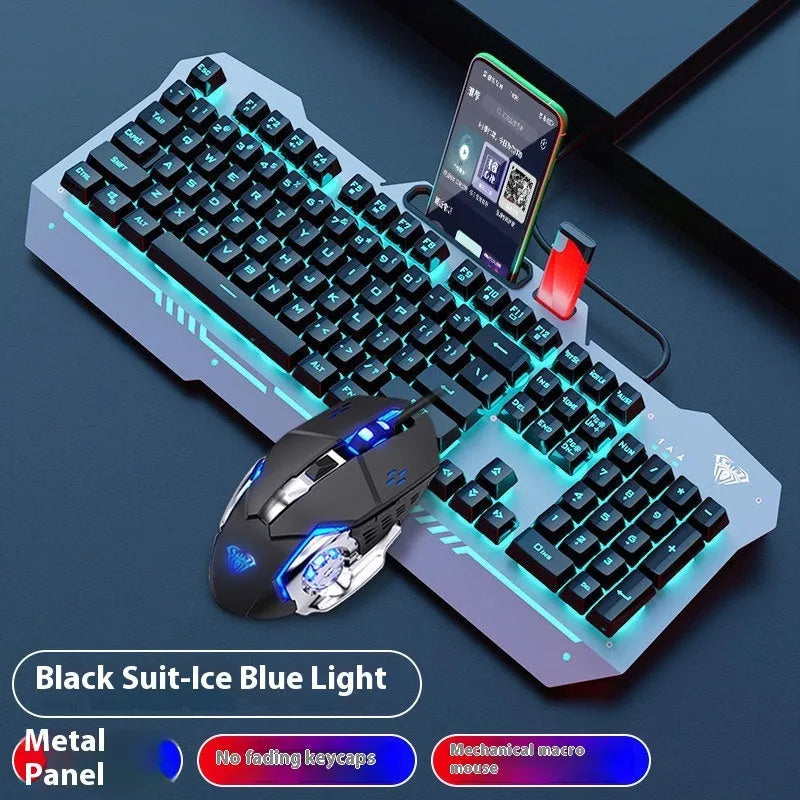 Metal mechanical keyboard bundle with gaming mouse, headset, and optional mouse pad on a desk.