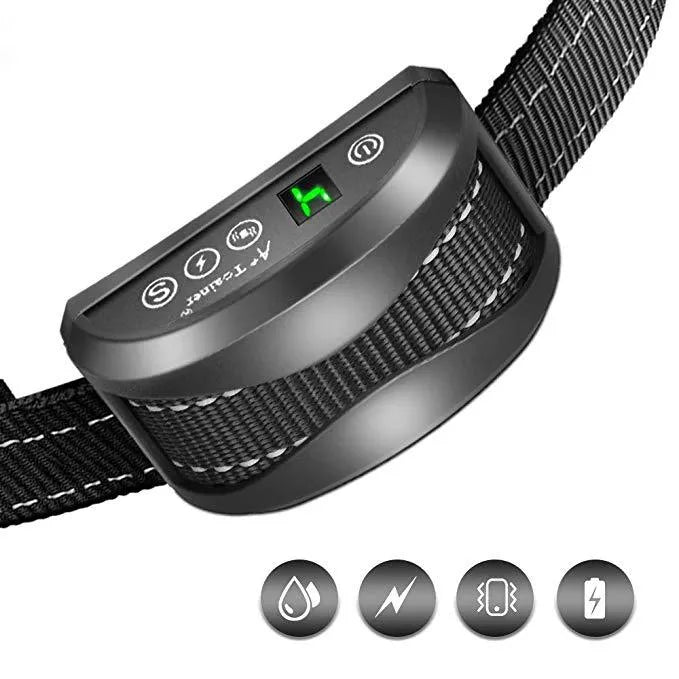 Electronic anti-bark dog training collar with digital display on a black adjustable reflective strap.