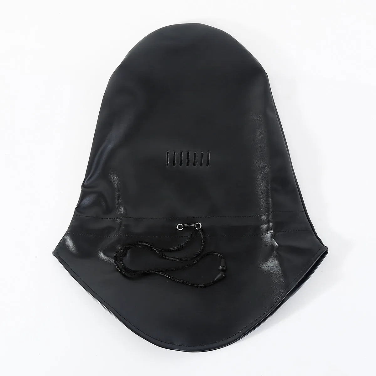 Black leather bondage mask covering eyes and nose area with adjustable strap