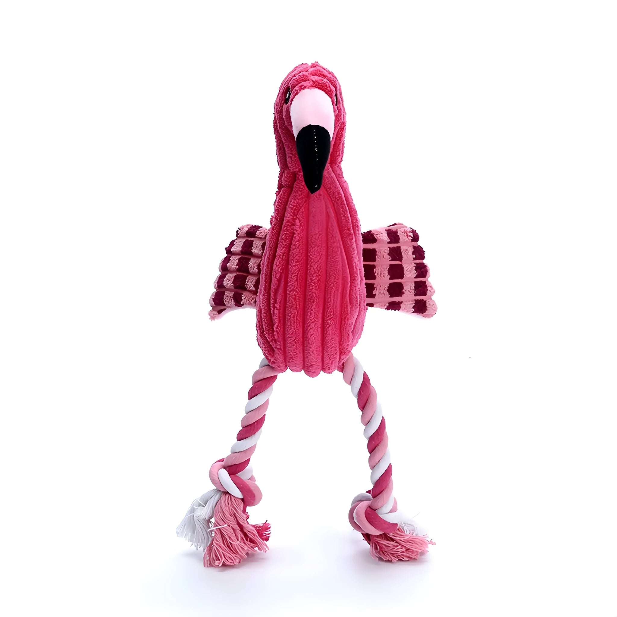 Pink animal-shaped plush dog toy with corduroy fabric and internal squeaker for small and large breed dogs