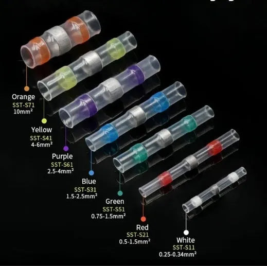 Assortment of blue, green, orange, purple, red, white, and yellow plastic heat shrink solder ring terminals