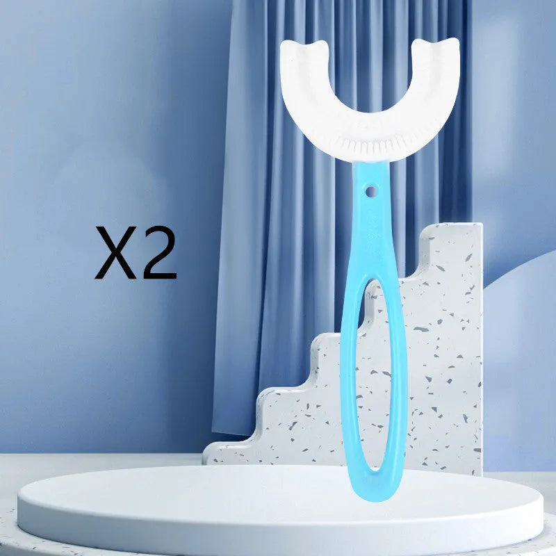 Children's U-shaped soft rubber toothbrush in pink and blue colours for milk teeth cleaning