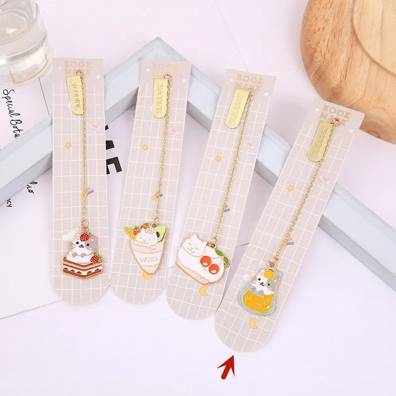 Jane Key Foodie cute pet cat metal bookmark with cartoon pendant in one of four designs, size 3.8cm by 18.3cm.