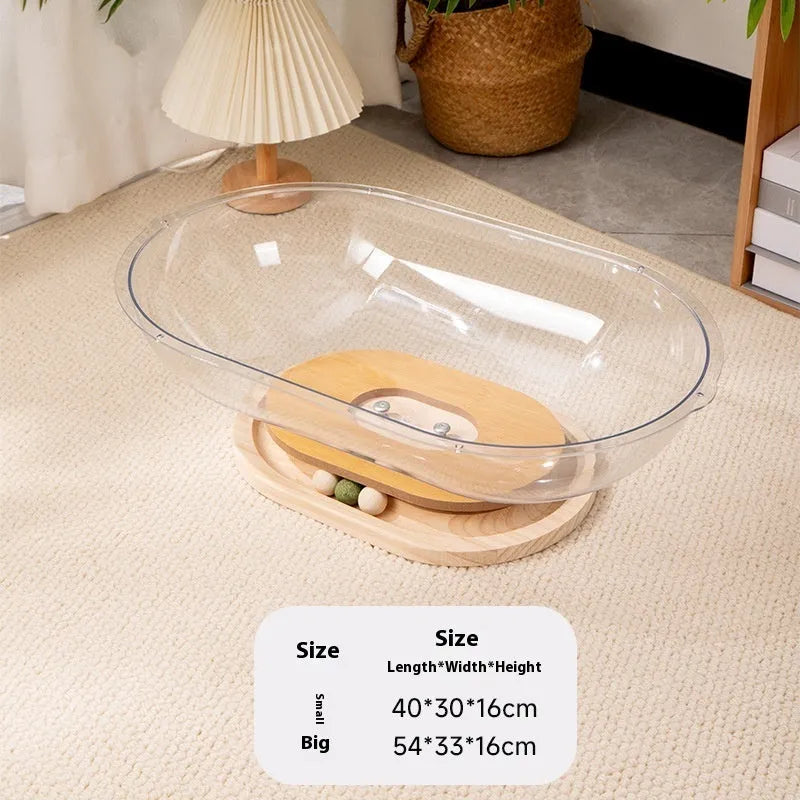 Transparent acrylic cat space capsule turntable bed with visible interior structure