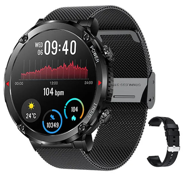T30 smart watch with circular IPS screen on a silicone strap, showing health metrics and call interface.