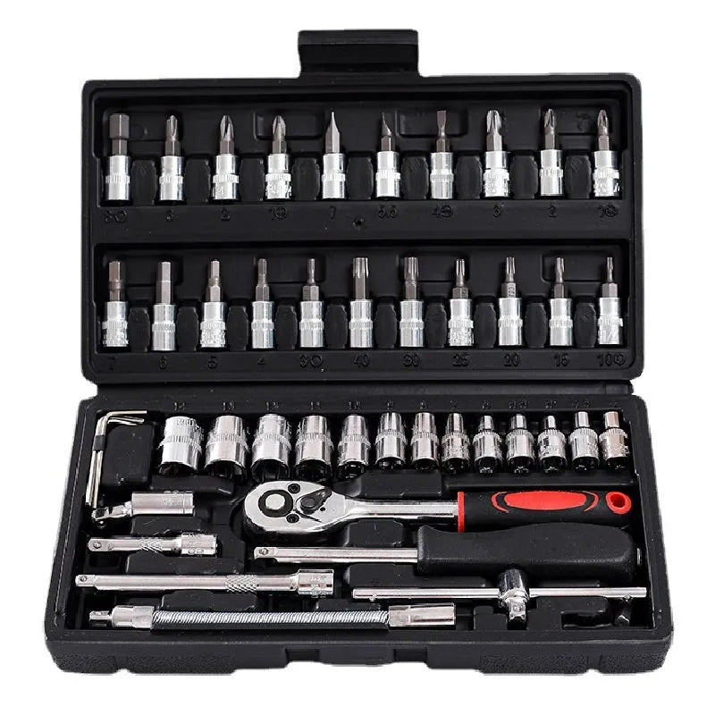 Cr-V steel socket ratchet wrench set with nickel plating in a tool case