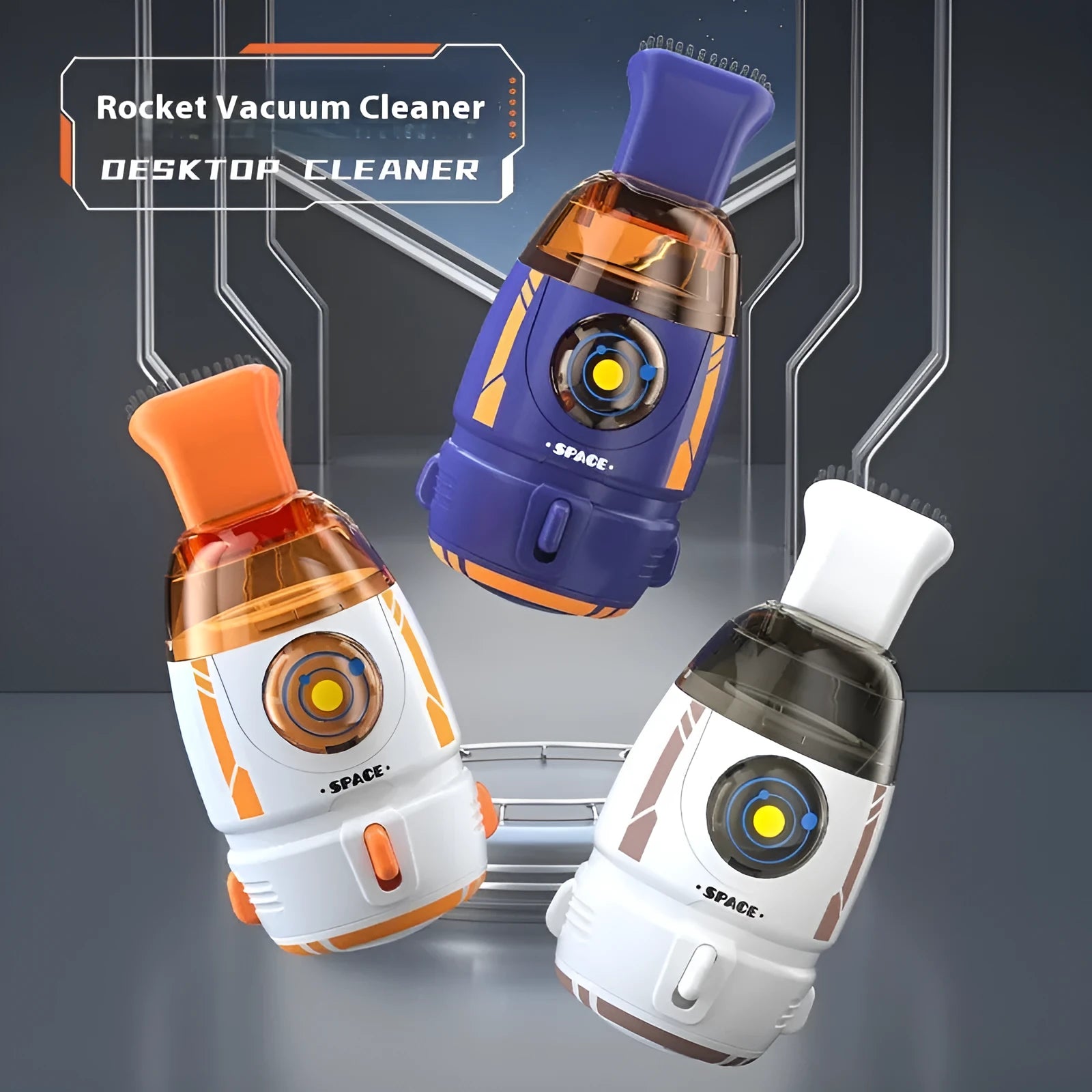 USB desktop vacuum cleaner in blue rocket design for keyboard and desk cleaning