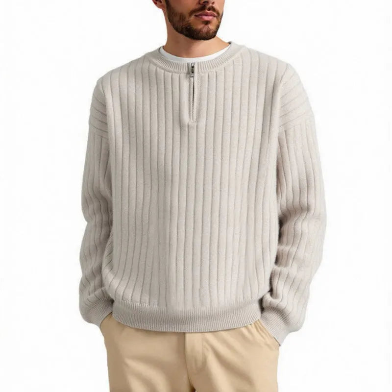 Men's grey half-zip textured knit sweater with loose fit and long sleeves